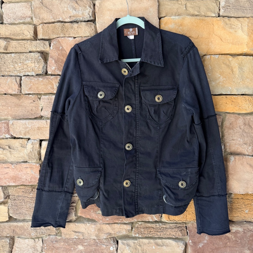 XCVI Wearables Black Cotton Utility Jacket Full Zip Raw Edge Seam Boho Artsy